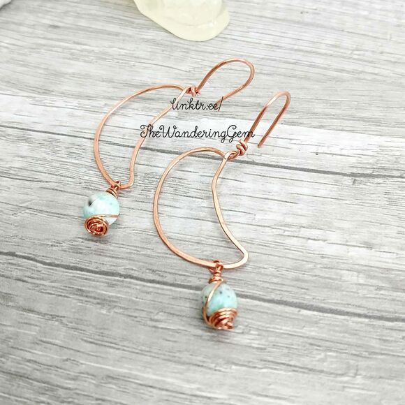 Upcycled Hammered Copper Crescent Moon Dangle Earrings, Gemstone Agate 2.5" - Picture 5 of 5